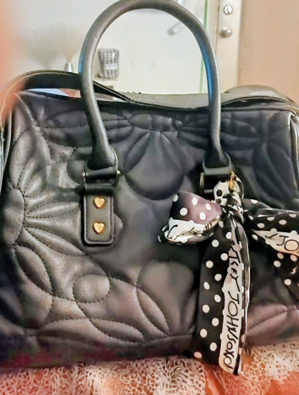Betsey Johnson Black Quilted Women's Satchel Bag with Polka Dot Scarf